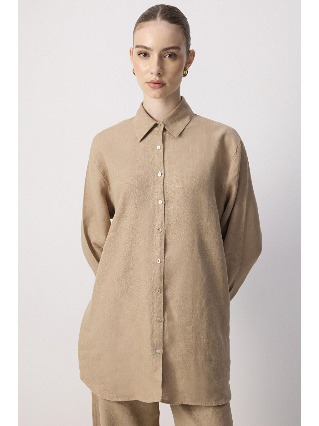 Kahverengi %100 Keten Gömlek Pantolon Takım-1