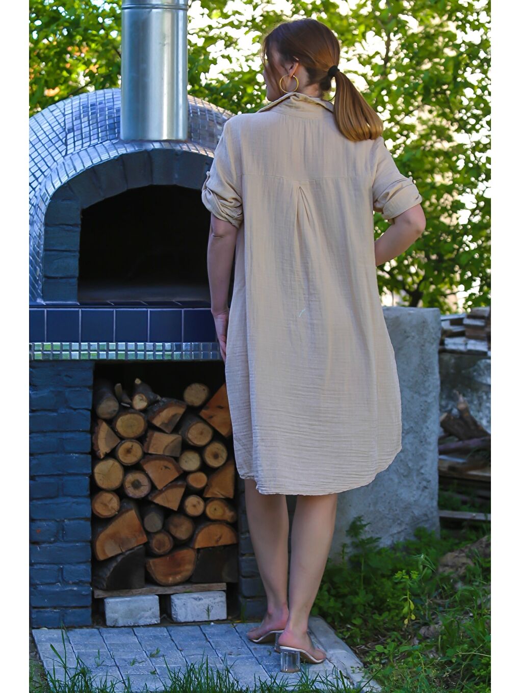 Koyu Bej Gömlek Yaka Düğmeli 3/4 Kol Cepli Casual Müslin Dokuma Elbise 105 65-3