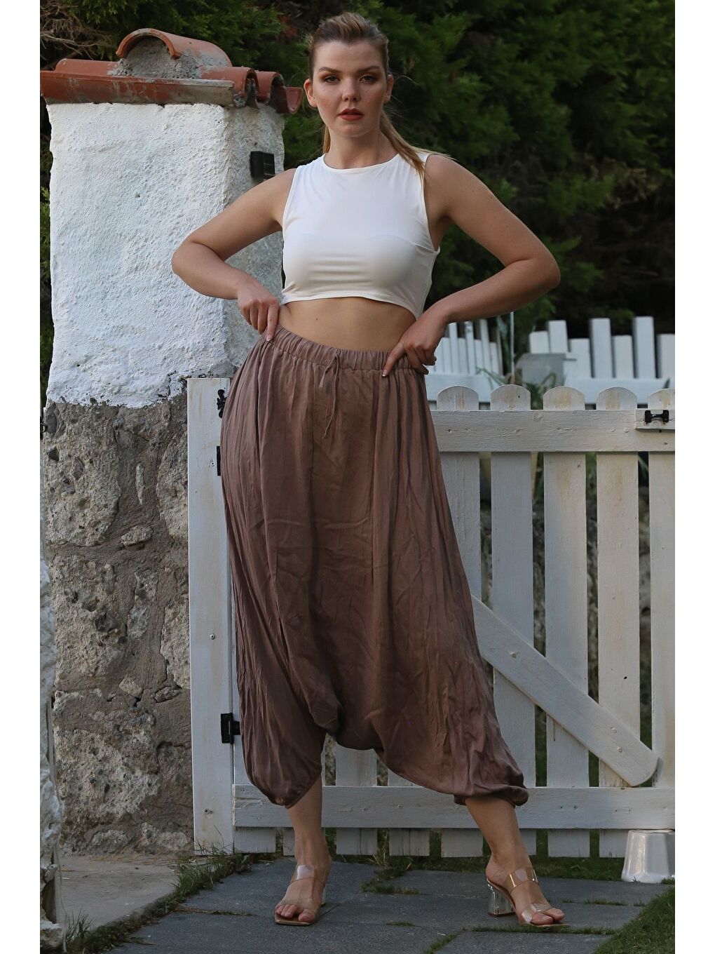 Bej Vizon Yıkamalı Lastikli Bel Şalvar Paça Casual Krinkıl Dokuma Pantolon 95 80-7