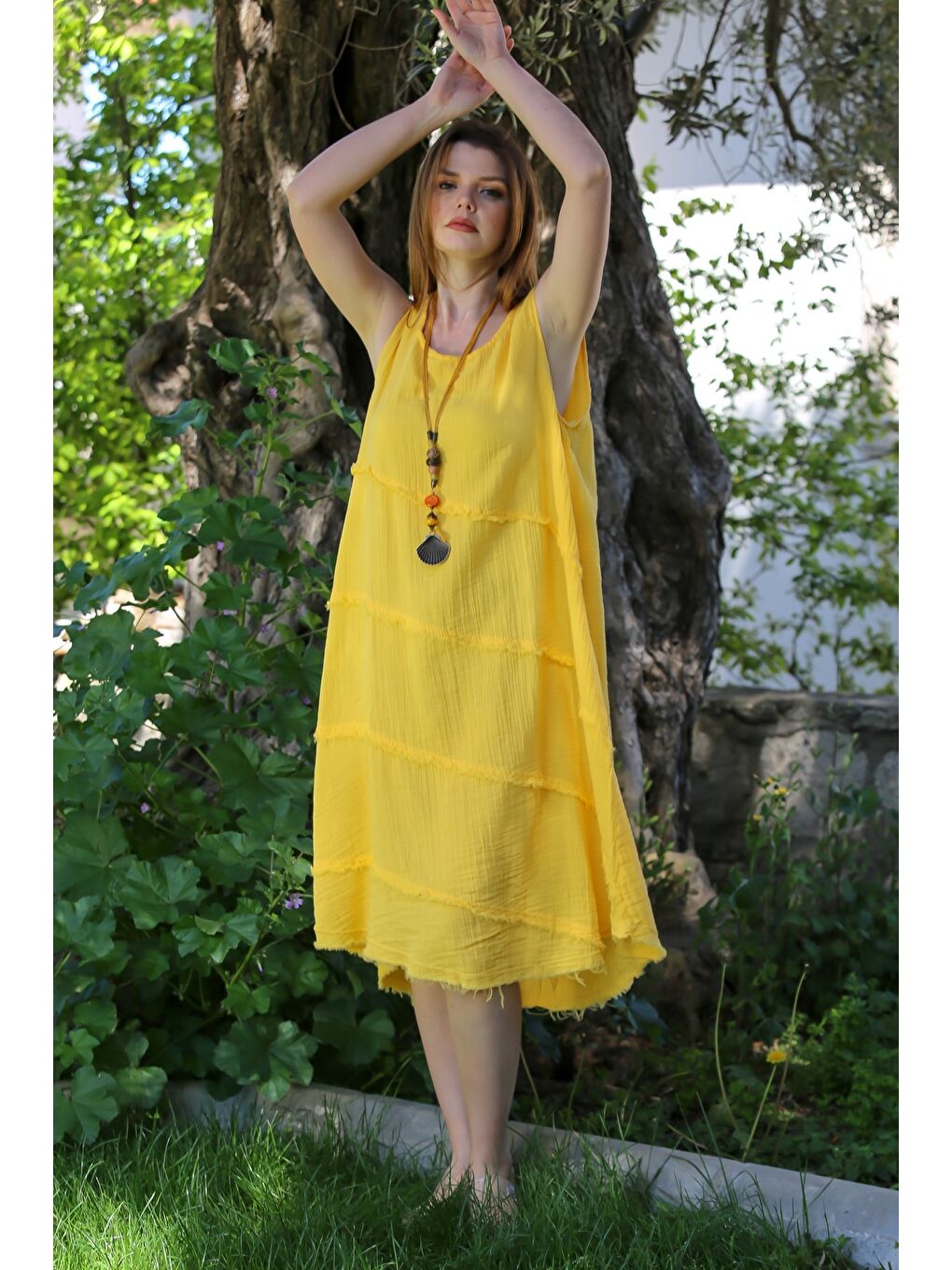 Sarı Havuz Yaka Kolsuz Pis Dikişli Casual Müslin Dokuma Elbise 120 63-4