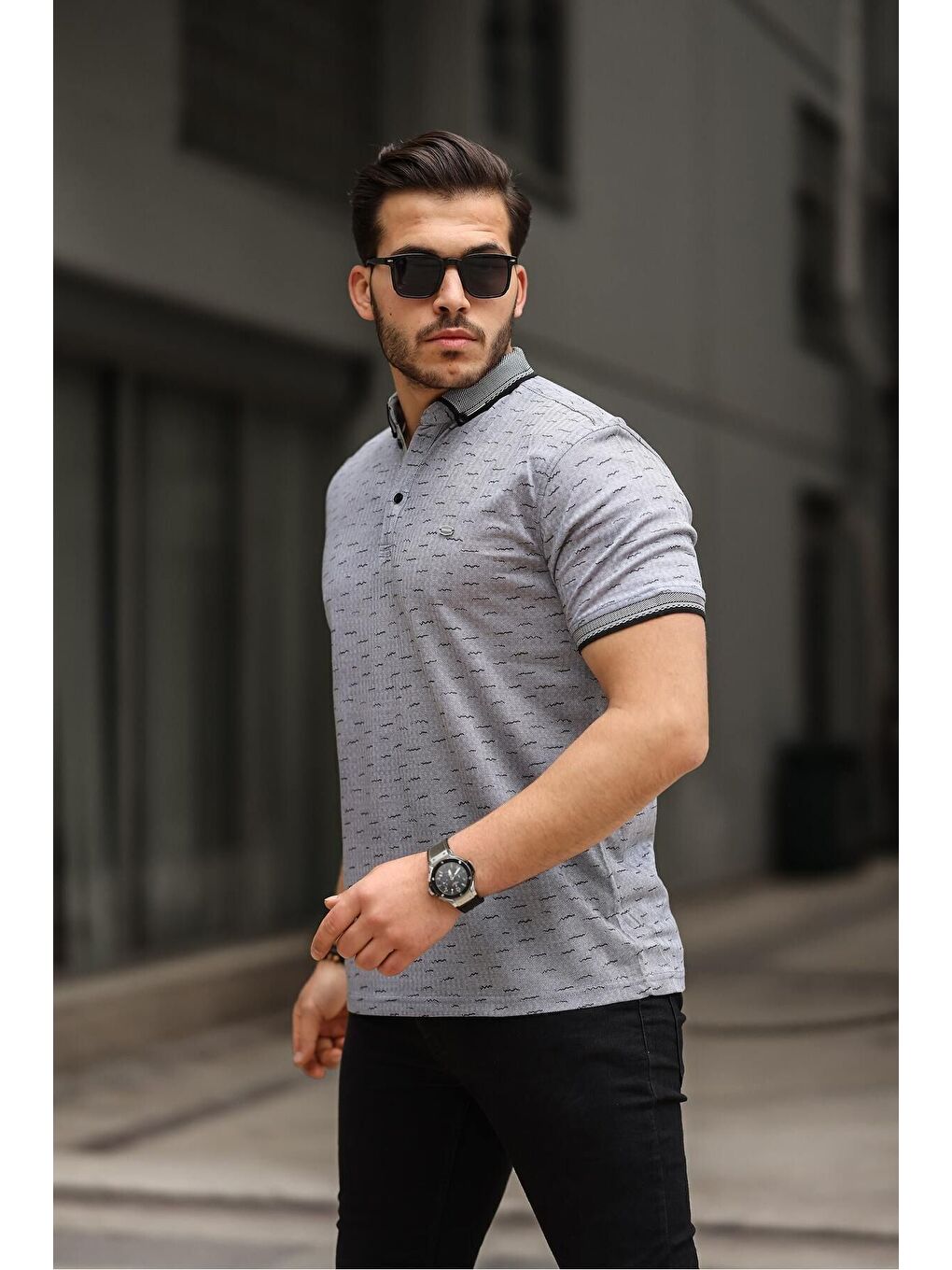 Siyah Erkek Kıvrılmaz Polo Yaka Cepsiz Slim Fit Desenli T-Shirt-2