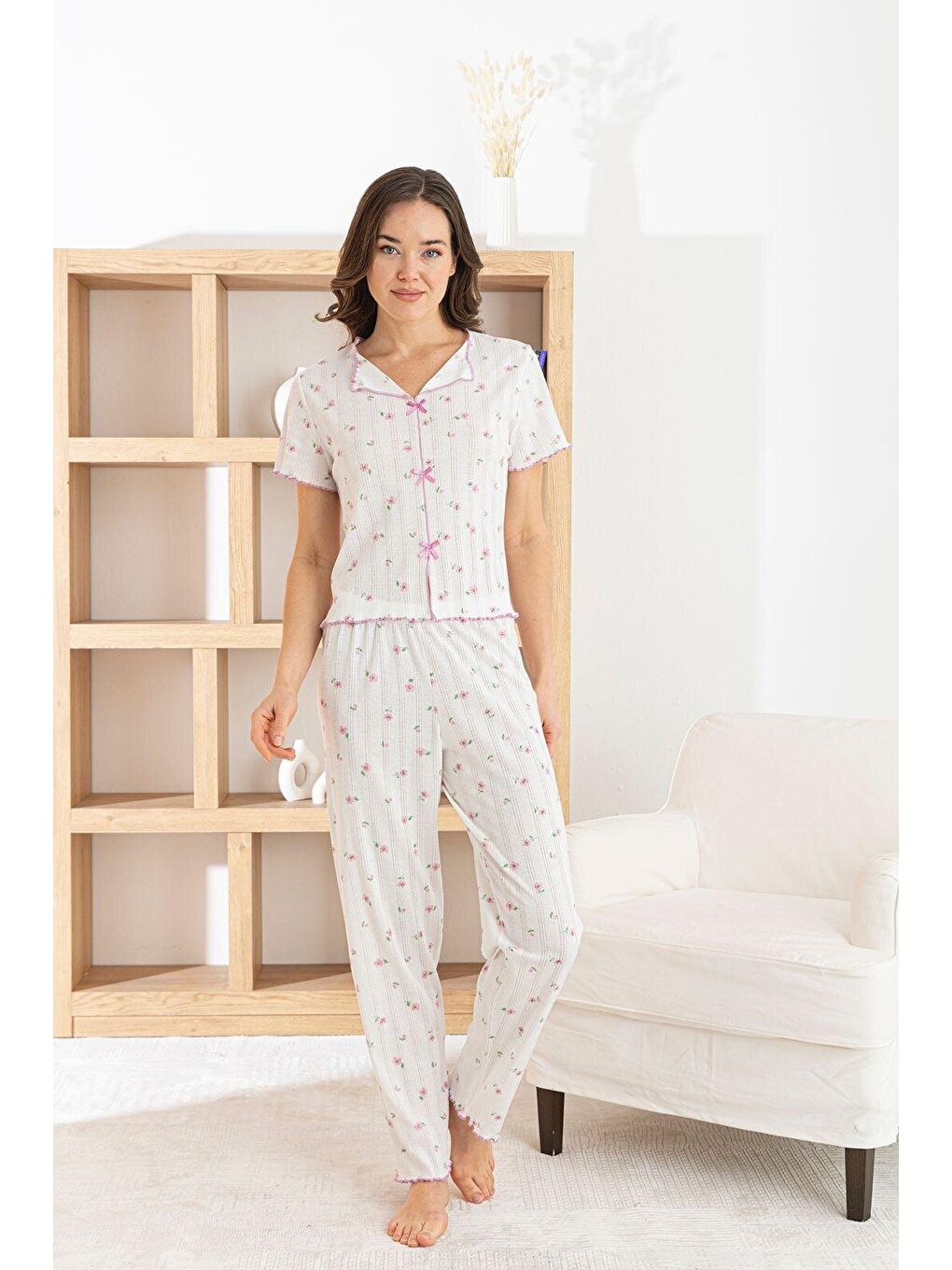 Pembe Kadın %100 Pamuk Kurdele/Fiyonklu Kısa Kollu Fitilli Kaliteli Örme Pijama Takımı-2