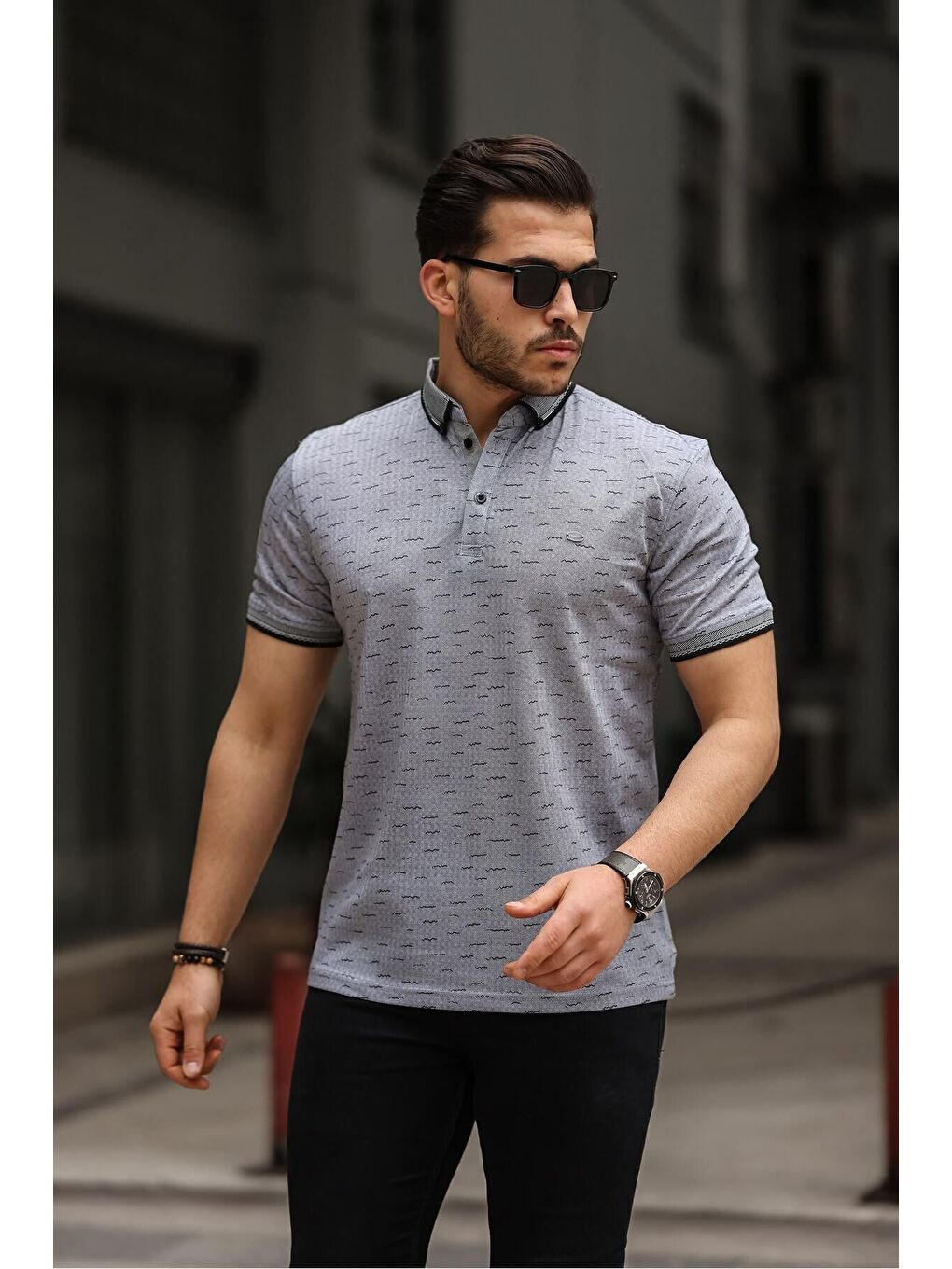 Siyah Erkek Kıvrılmaz Polo Yaka Cepsiz Slim Fit Desenli T-Shirt-3