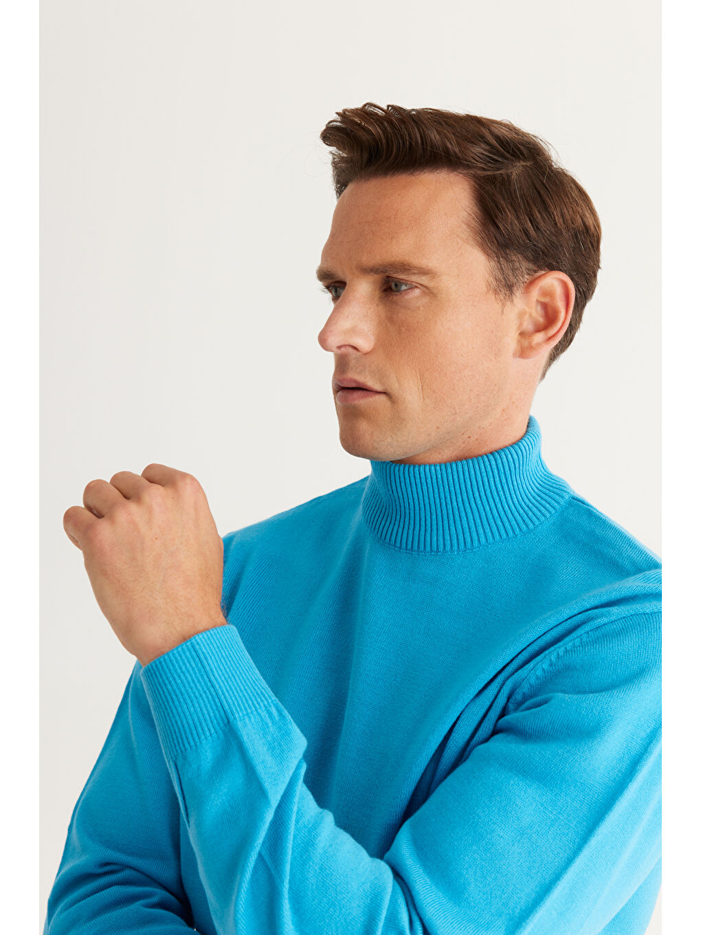 Erkek Turkuaz Tüylenme Yapmayan Anti-Pilling Standart Fit Yarım Balıkçı Yaka Triko Kazak-1