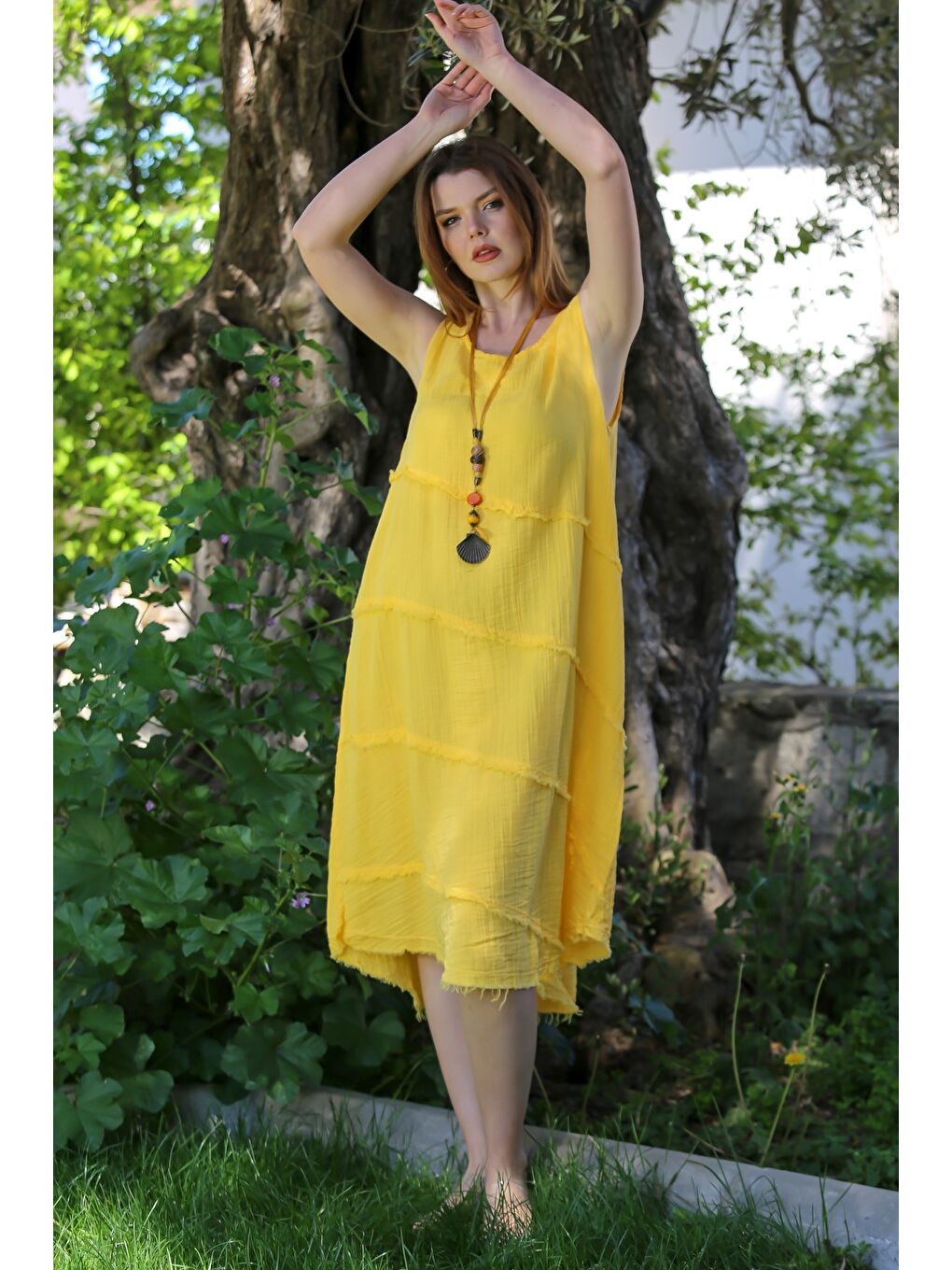 Sarı Havuz Yaka Kolsuz Pis Dikişli Casual Müslin Dokuma Elbise 120 63-5