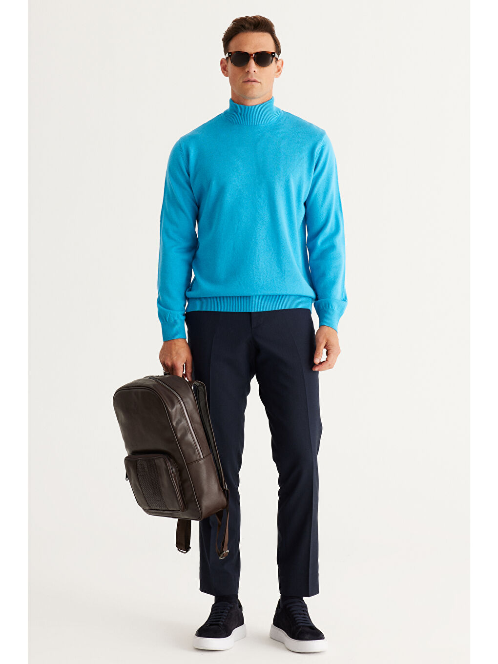 Erkek Turkuaz Tüylenme Yapmayan Anti-Pilling Standart Fit Yarım Balıkçı Yaka Triko Kazak-2