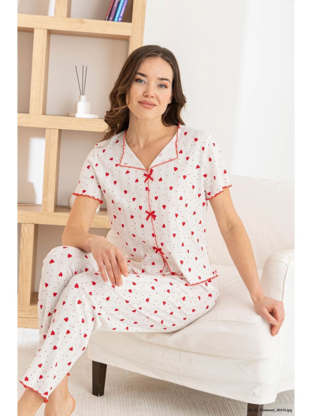 Kırmızı Kadın %100 Pamuk Kurdele/Fiyonklu Kısa Kollu Fitilli Kaliteli Örme Pijama Takımı