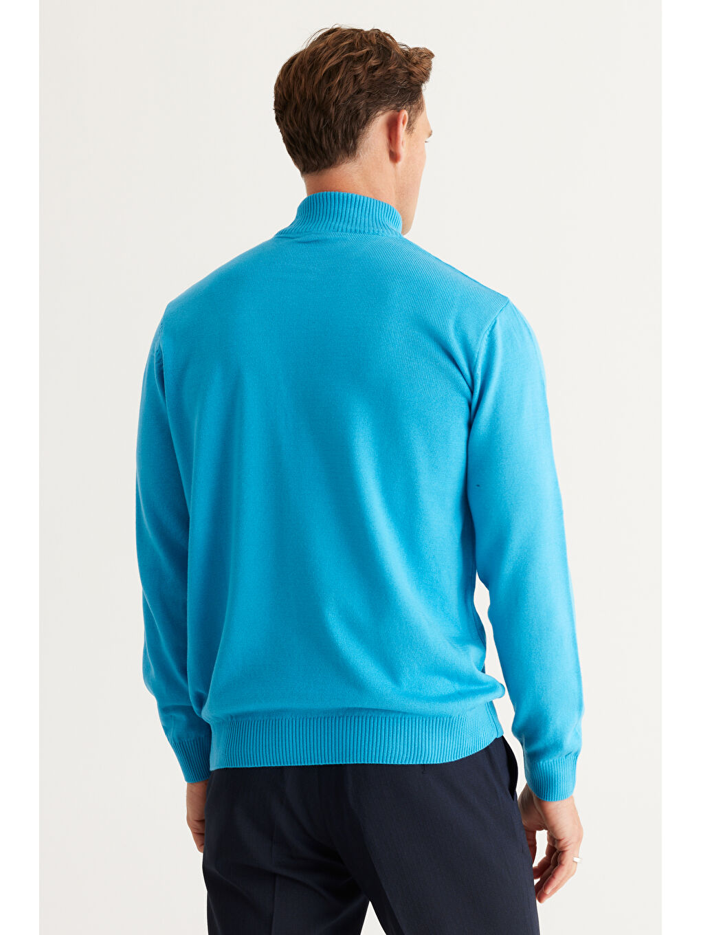 Erkek Turkuaz Tüylenme Yapmayan Anti-Pilling Standart Fit Yarım Balıkçı Yaka Triko Kazak-3