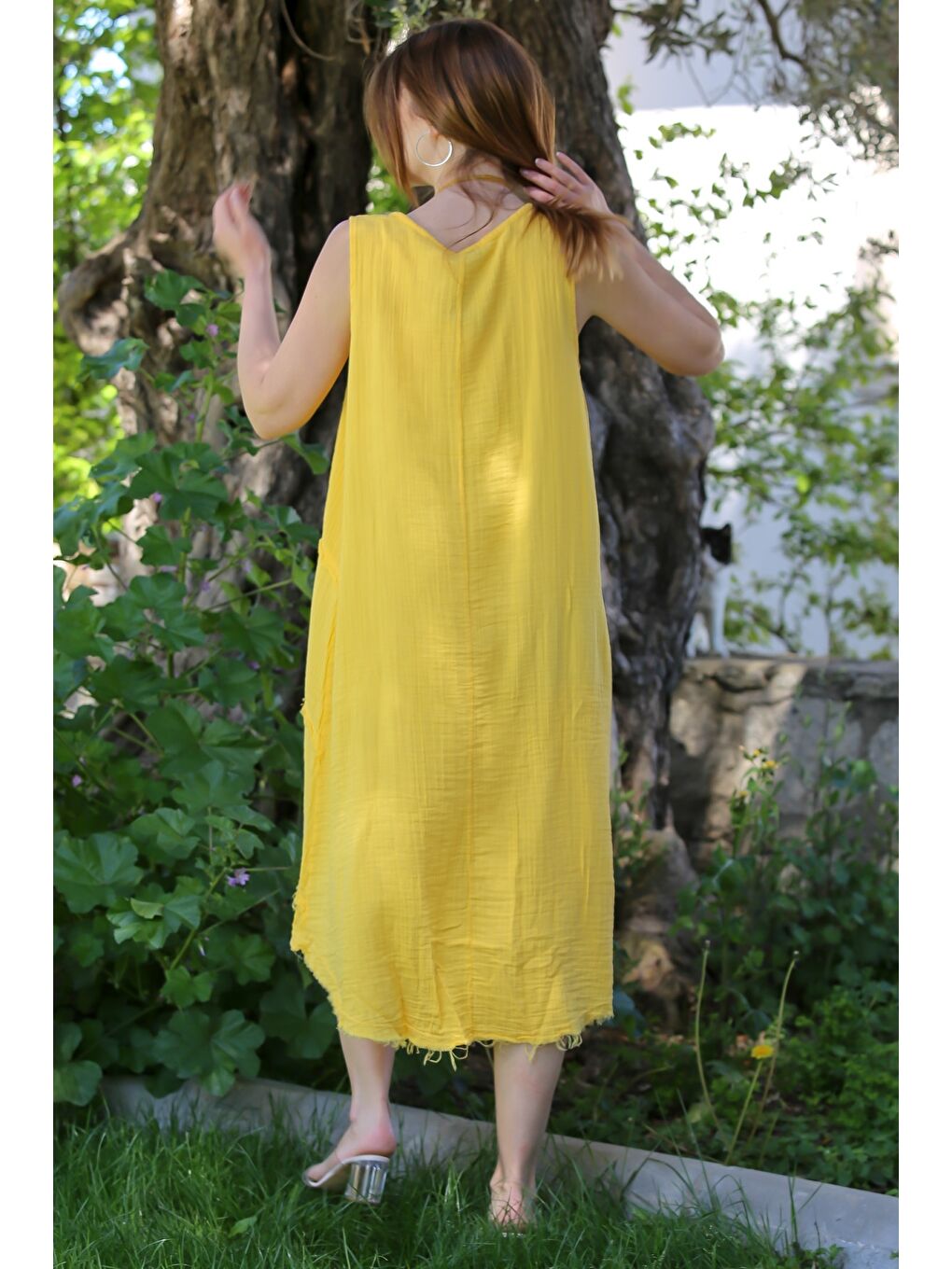 Sarı Havuz Yaka Kolsuz Pis Dikişli Casual Müslin Dokuma Elbise 120 63-6