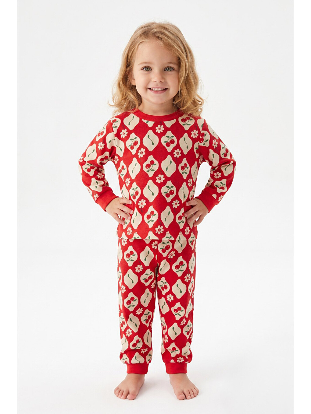 Kırmızı %100 Pamuk Ve Baskılı Kız Çocuk Pijama Takımı 9-36 Ay 12741ıs-1