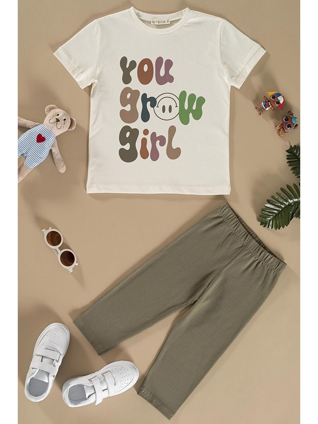 For You Kids Haki Baskılı Tshirt Tayt Haki Alt Üst Takım