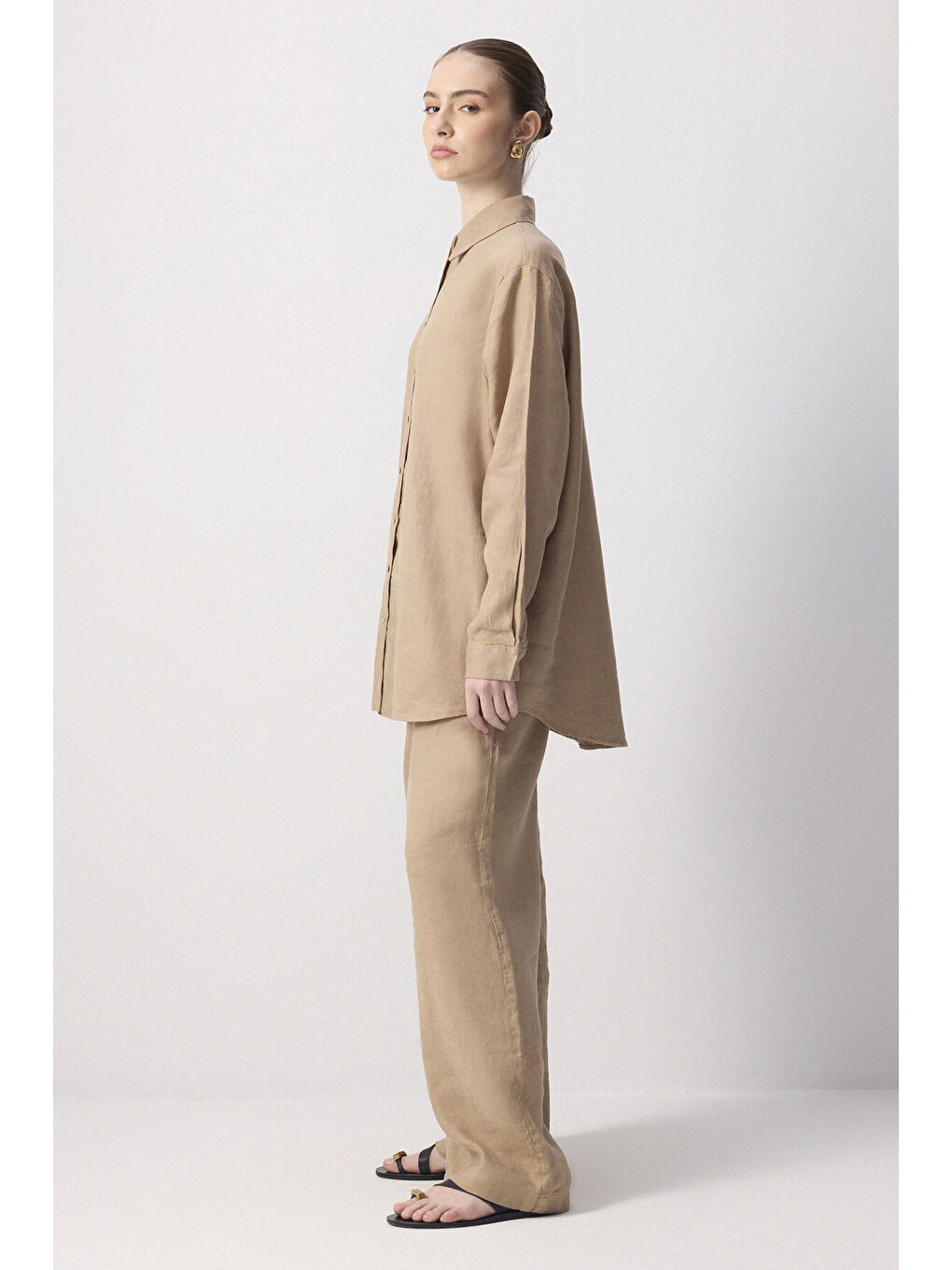 Kahverengi %100 Keten Gömlek Pantolon Takım-2