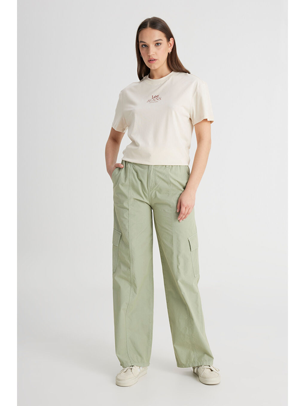 Pembe Loose Fit Rahat Kesim Yüksek Bel Geniş Paça %100 Pamuk Haki Kargo Pantolon