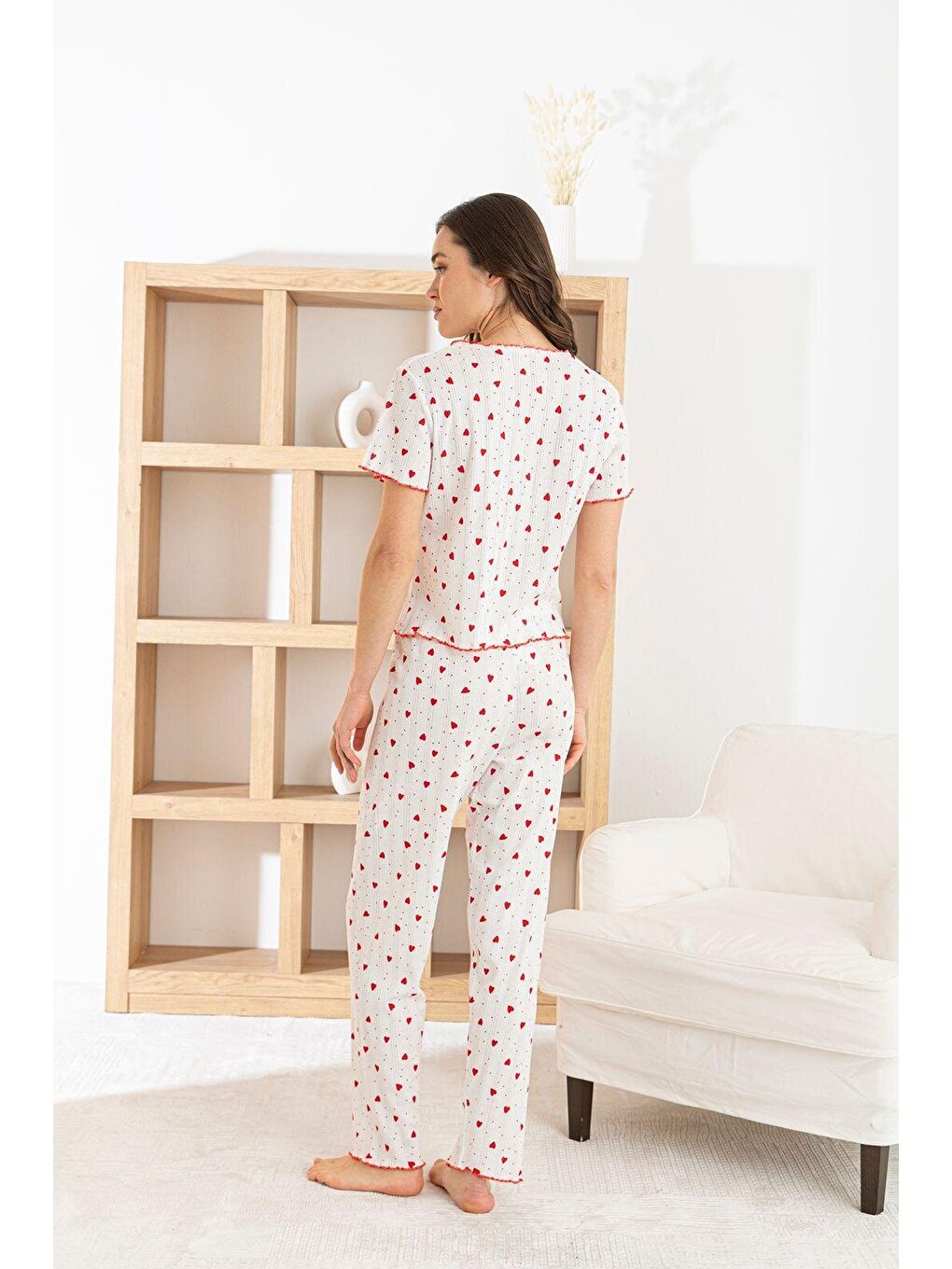 Kırmızı Kadın %100 Pamuk Kurdele/Fiyonklu Kısa Kollu Fitilli Kaliteli Örme Pijama Takımı-1