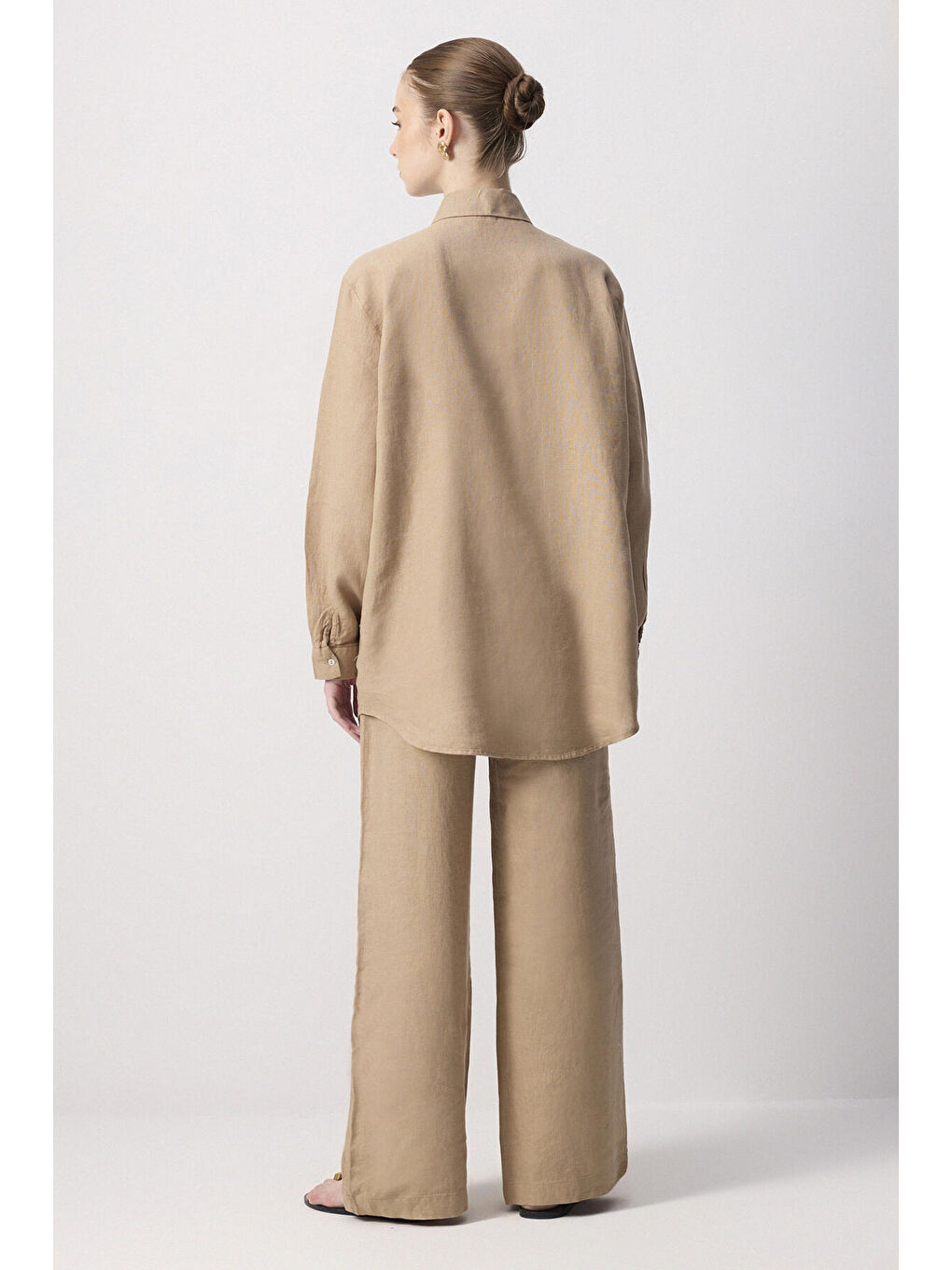 Kahverengi %100 Keten Gömlek Pantolon Takım-3