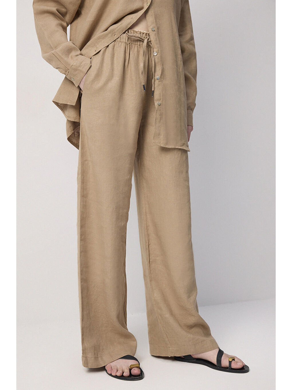 Kahverengi %100 Keten Gömlek Pantolon Takım-4