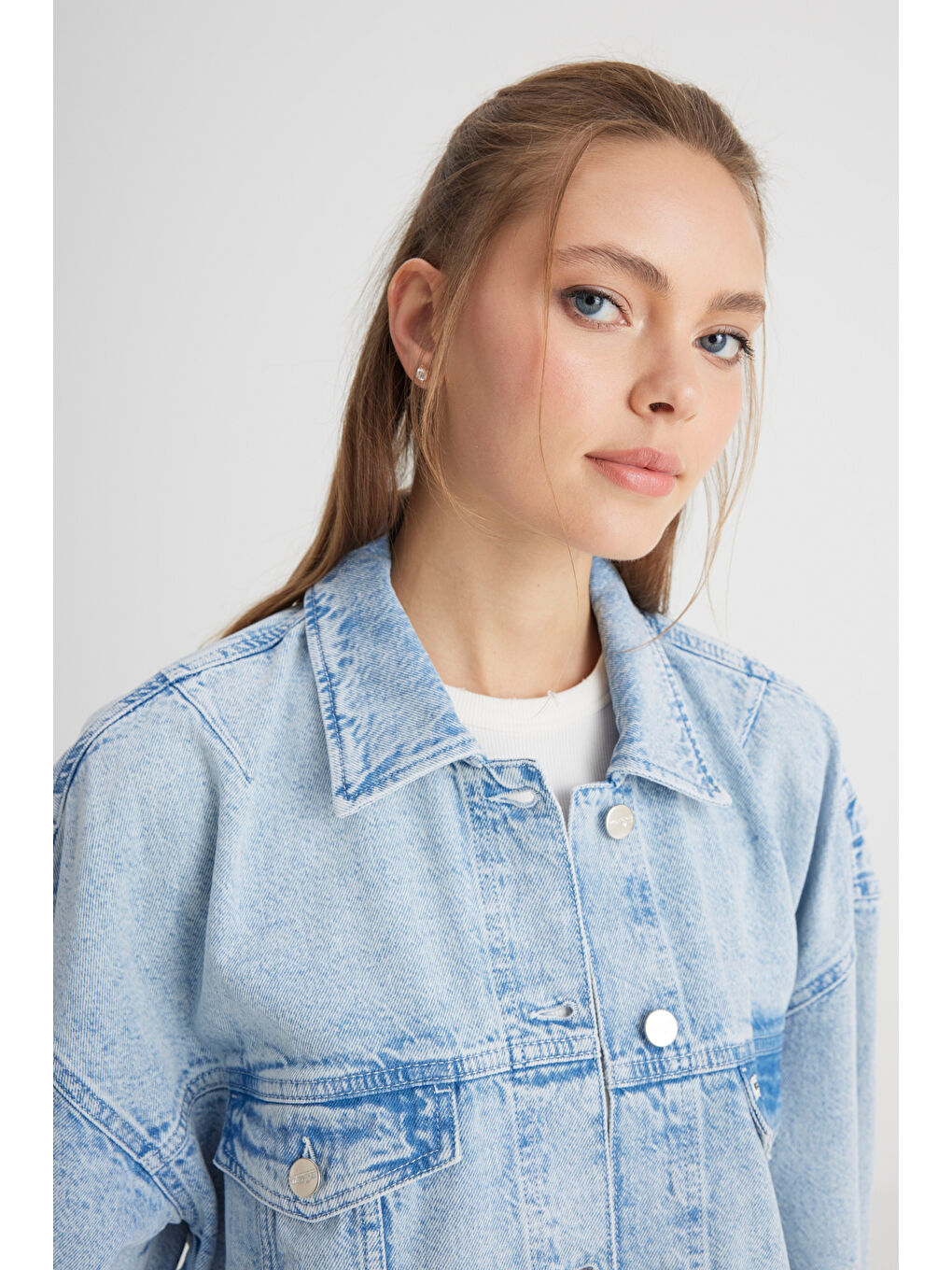 Relaxed Fit Geniş Kesim %100 Pamuk Açık Mavi Jean Jean Ceket-2