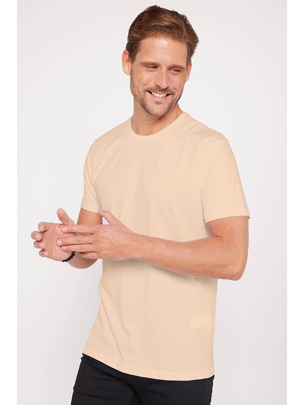 Unisex 5'Li Pkt Siyah-Beyaz-Lacivert-Vanilya-Haki Slim Fit Dar Kesim %100 Pamuk Bisiklet Yaka Tişört-4