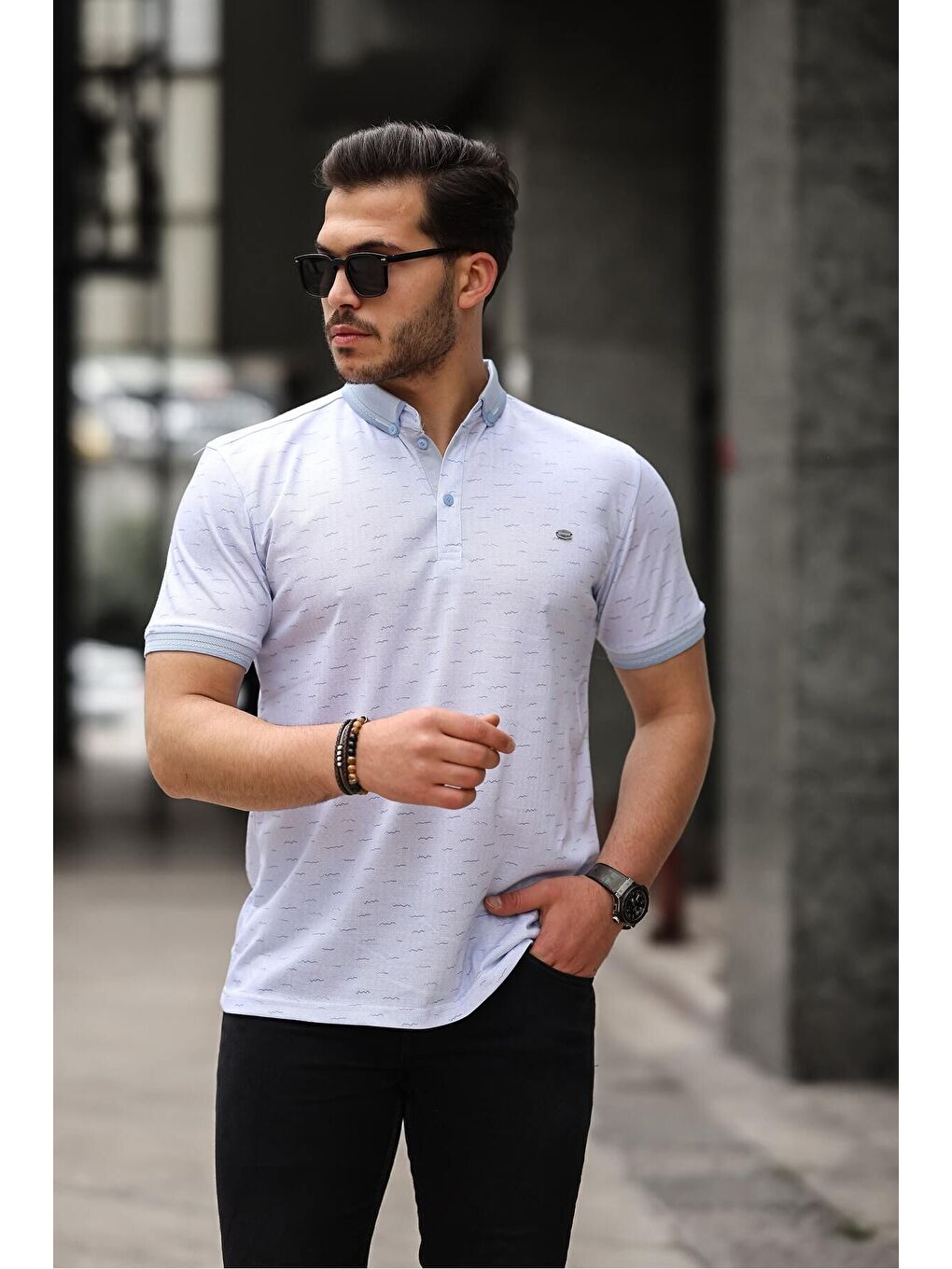 Mavi Erkek Kıvrılmaz Polo Yaka Cepsiz Slim Fit Desenli T-Shirt