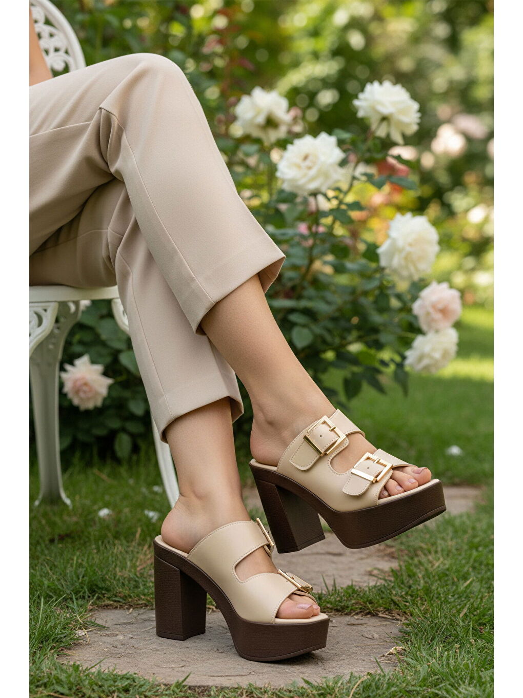 Bej Çift Bantlı Kadın Topuklu Terlik 322221 Z-2