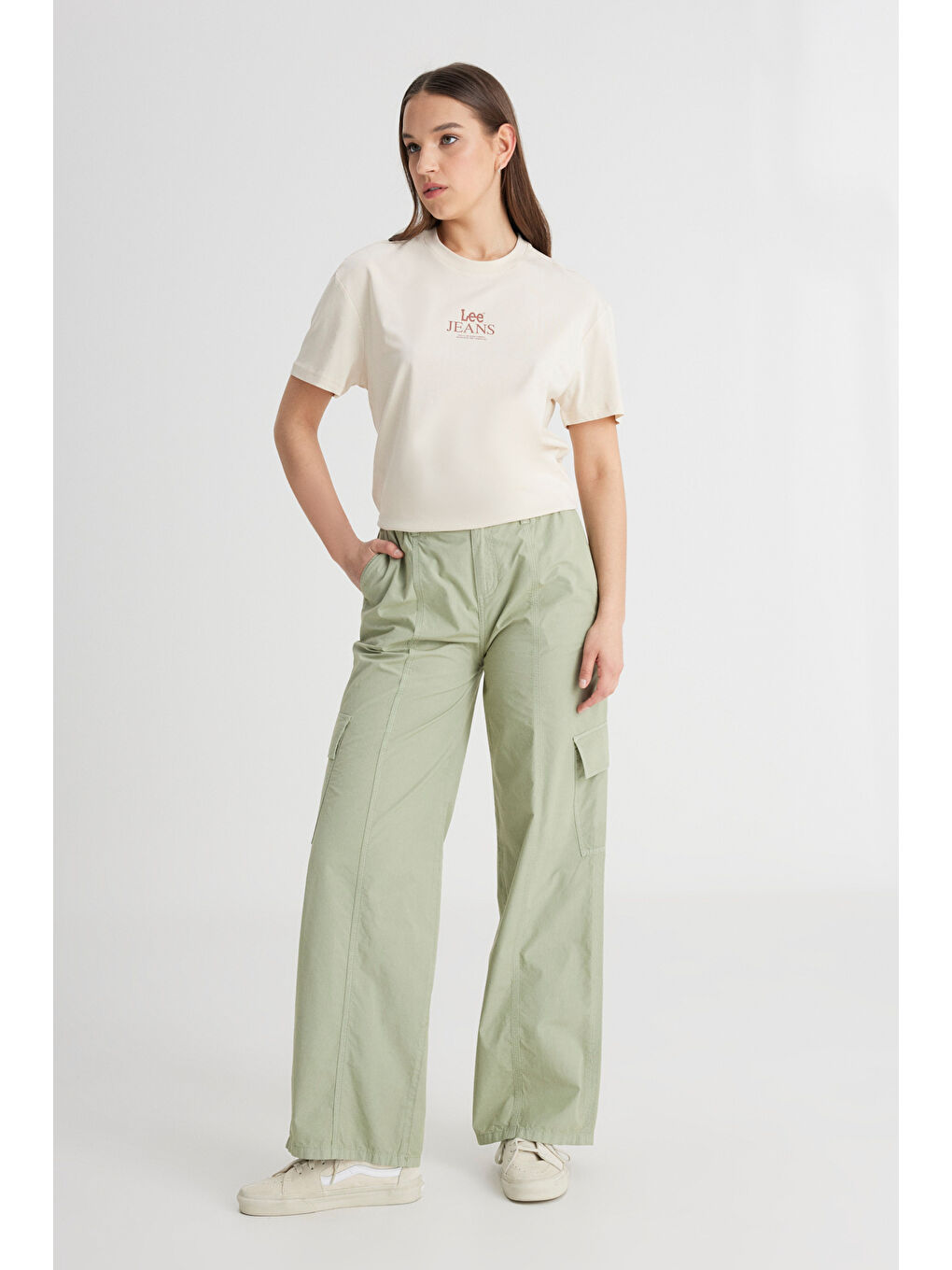 Pembe Loose Fit Rahat Kesim Yüksek Bel Geniş Paça %100 Pamuk Haki Kargo Pantolon-1