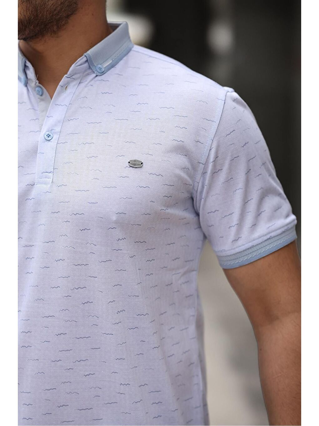 Mavi Erkek Kıvrılmaz Polo Yaka Cepsiz Slim Fit Desenli T-Shirt-1
