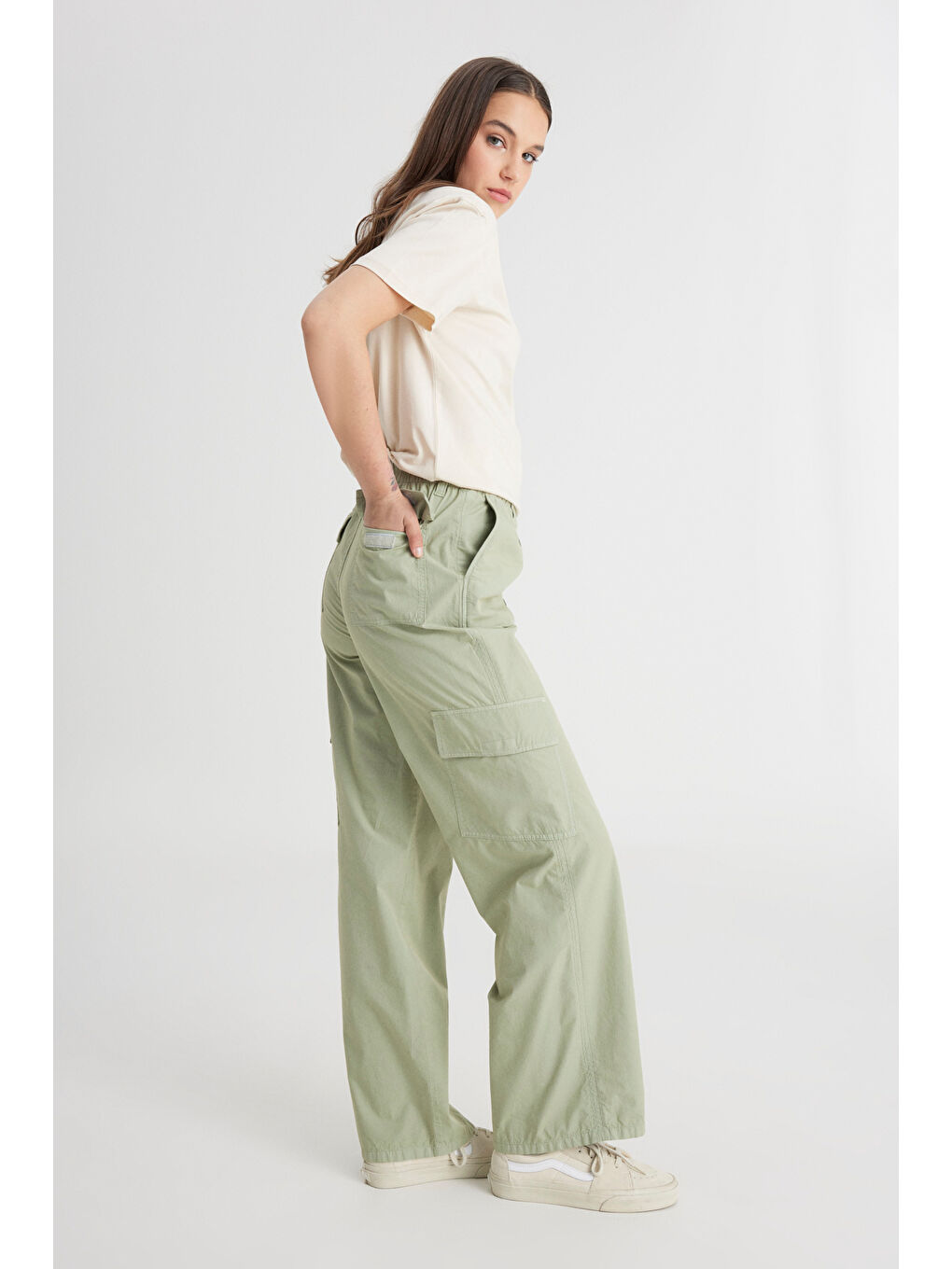 Pembe Loose Fit Rahat Kesim Yüksek Bel Geniş Paça %100 Pamuk Haki Kargo Pantolon-2