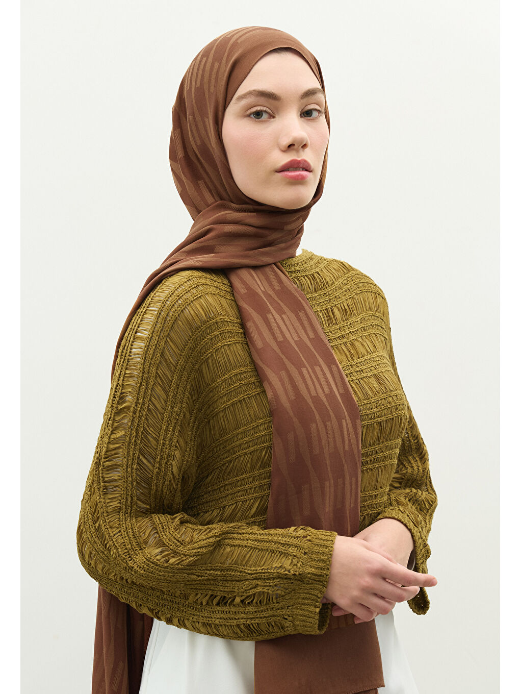 Kahverengi NARA PAMUK FLOŞ JAKARLI ŞAL CEVİZ-3