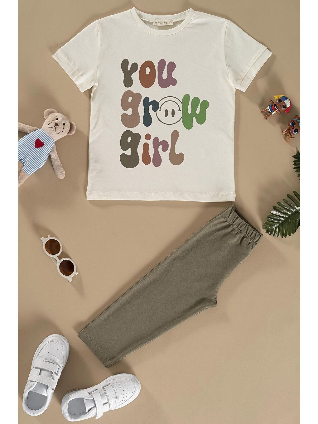 For You Kids Haki Baskılı Tshirt Tayt Haki Alt Üst Takım - 3