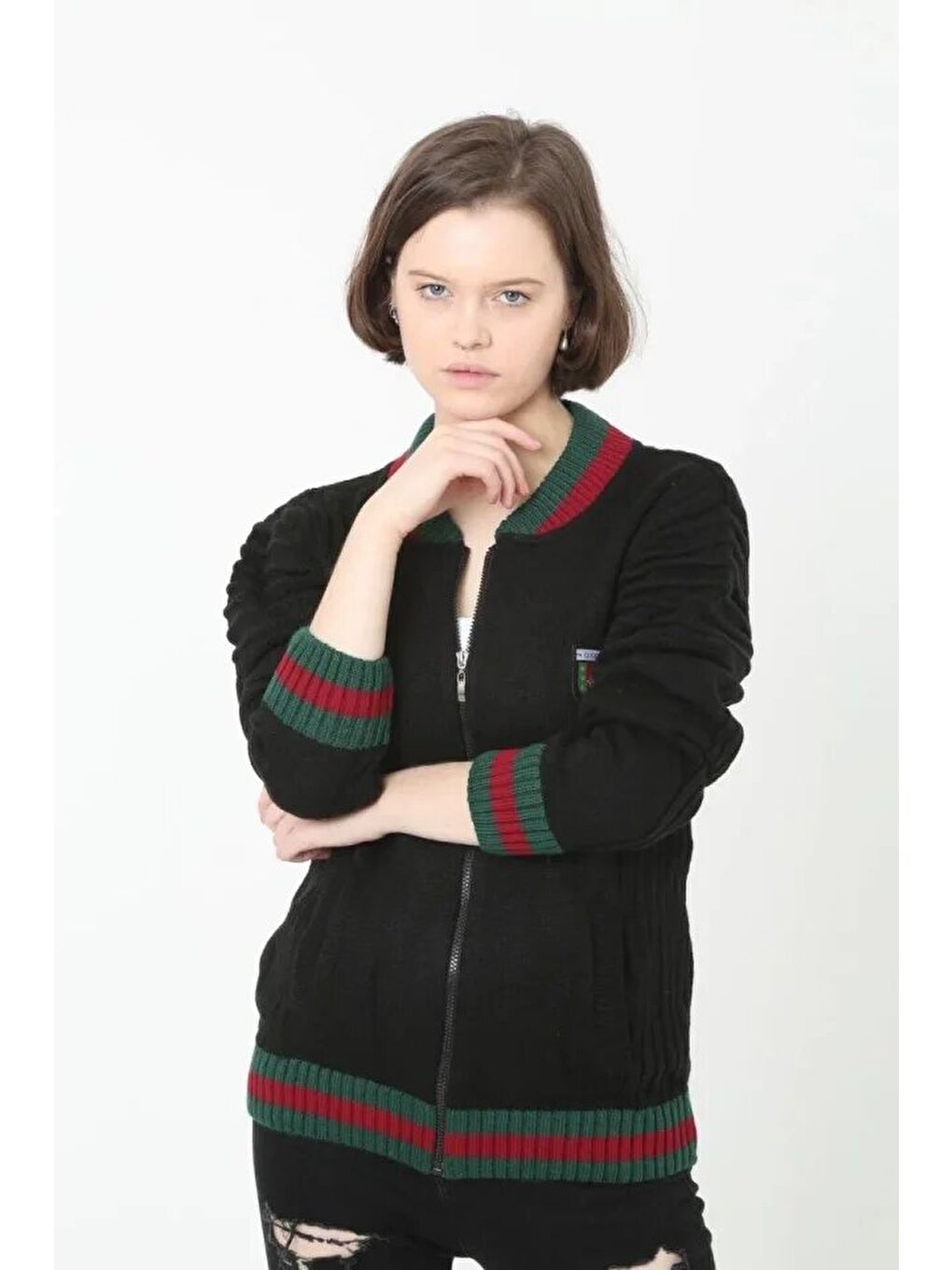 Tam Fermuarlı Triko Hırka - Siyah