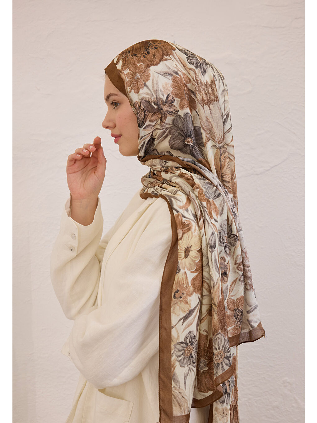 Kahverengi Vıntage Garden Desen Rami Şal Kahve-2