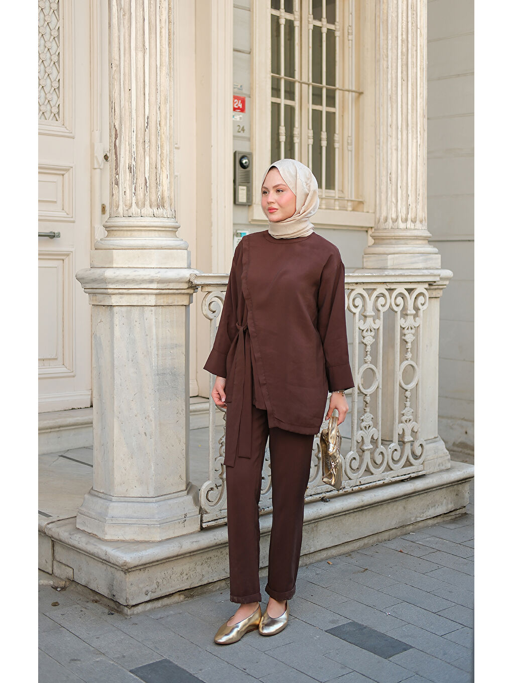 Kadın Yandan Bağlamalı Armani Modal Takım Kahverengi-1