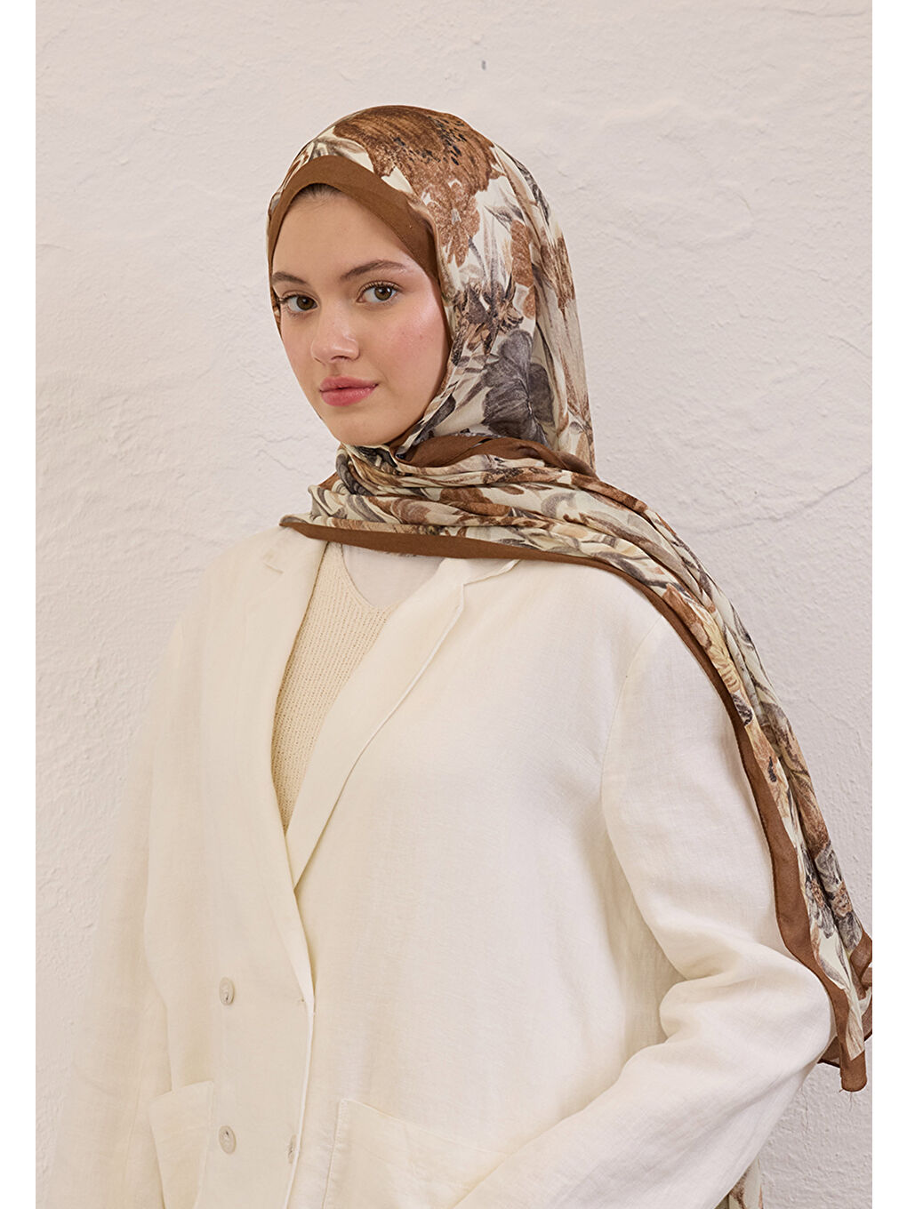 Kahverengi Vıntage Garden Desen Rami Şal Kahve-3