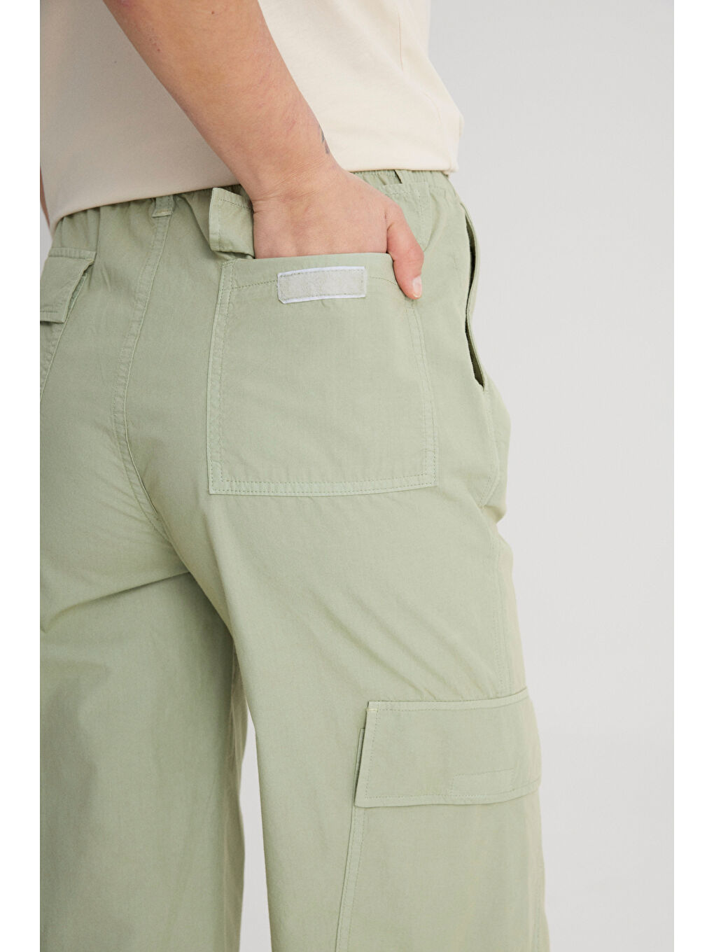 Pembe Loose Fit Rahat Kesim Yüksek Bel Geniş Paça %100 Pamuk Haki Kargo Pantolon-3