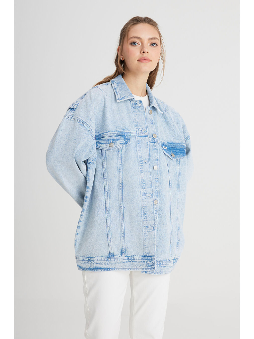 Relaxed Fit Geniş Kesim %100 Pamuk Açık Mavi Jean Jean Ceket-4