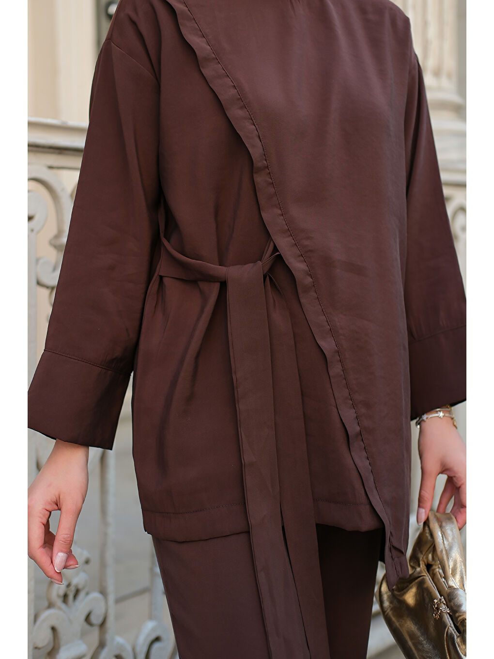 Kadın Yandan Bağlamalı Armani Modal Takım Kahverengi-2
