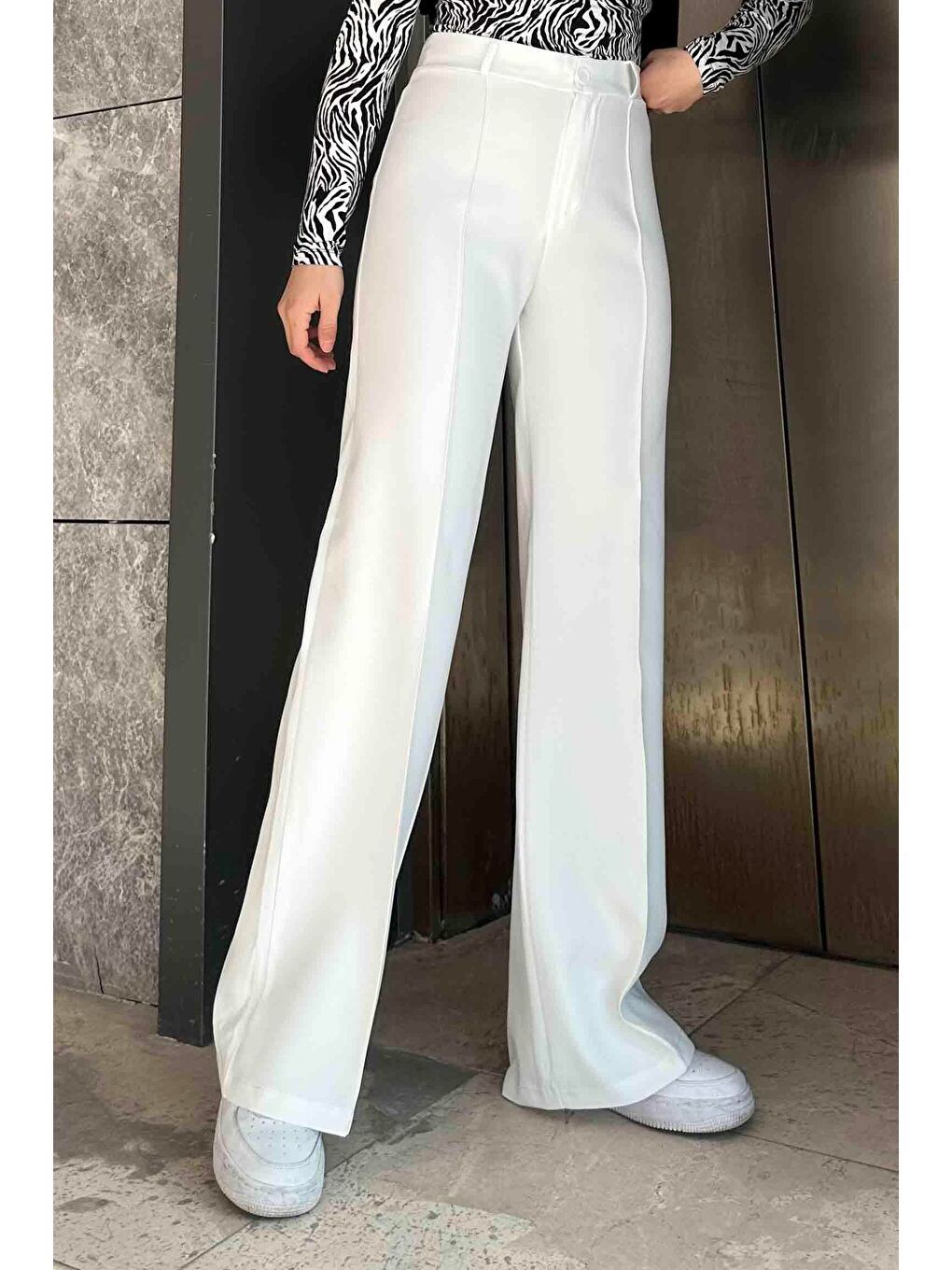 Çımalı Bol Paça Pantolon Ekru-2