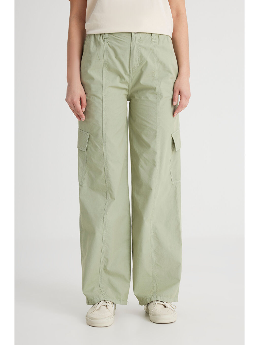 Pembe Loose Fit Rahat Kesim Yüksek Bel Geniş Paça %100 Pamuk Haki Kargo Pantolon-4