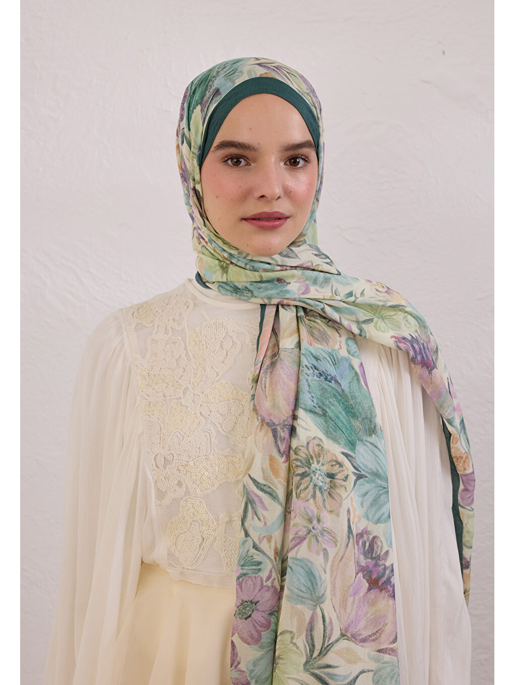 Vıntage Garden Desen Rami Şal Yeşil-1