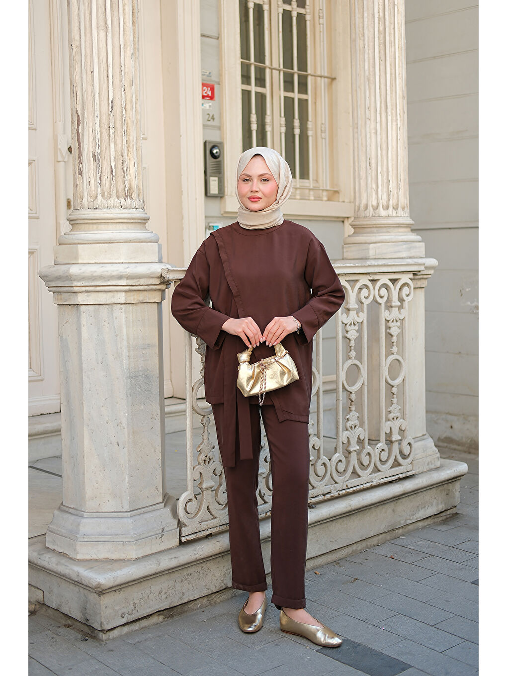 Kadın Yandan Bağlamalı Armani Modal Takım Kahverengi-3