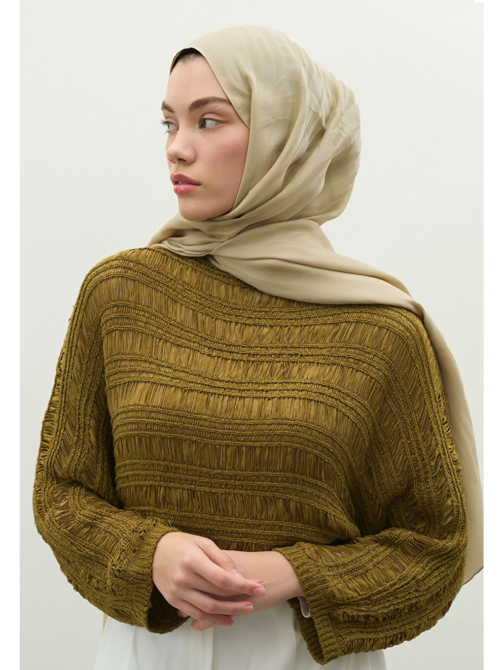 Bej NARA PAMUK FLOŞ JAKARLI ŞAL KUM-1