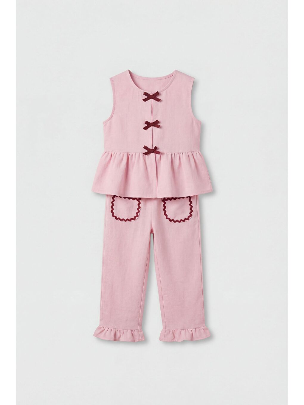 Pembe Kız Çocuk Pamuklu Pudra Fiyonk Detaylı Bluz Pantolon Takım-1