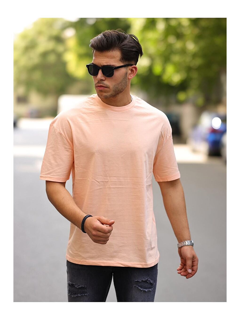 Pembe Erkek Oversize Baskısız Tişört-2