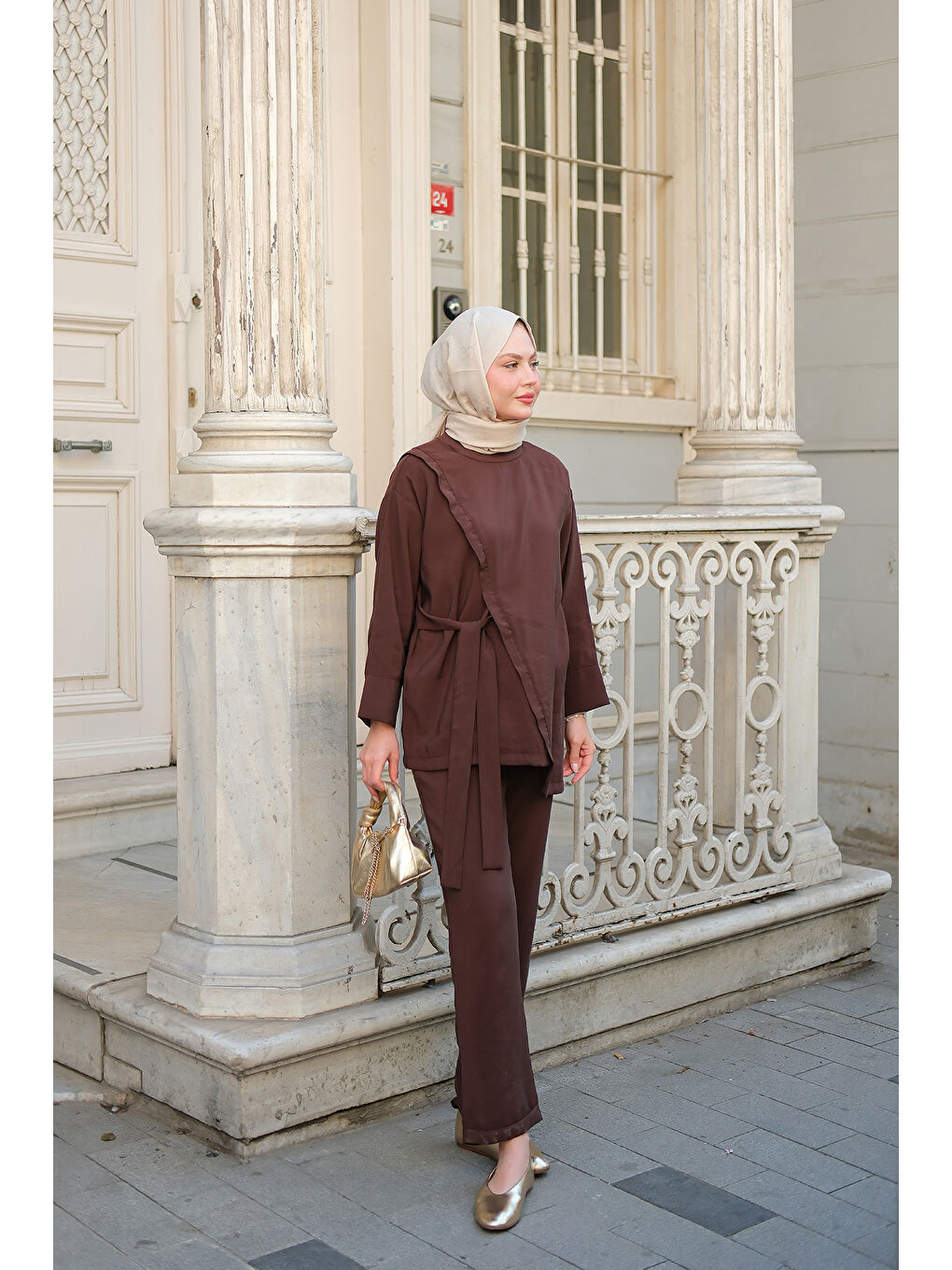 Kadın Yandan Bağlamalı Armani Modal Takım Kahverengi-4