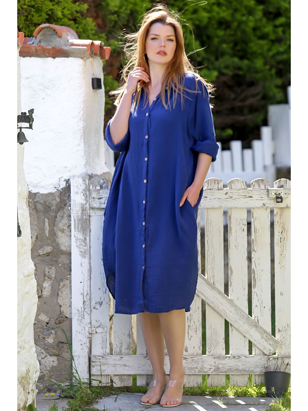 Lacivert Gömlek Yaka Düğmeli Uzun Kollu Gizli Cepli Casual Müslin Dokuma Elbise 115 68-1