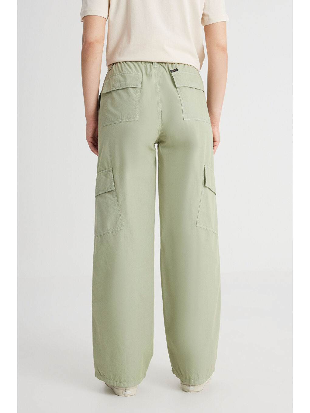 Pembe Loose Fit Rahat Kesim Yüksek Bel Geniş Paça %100 Pamuk Haki Kargo Pantolon-5