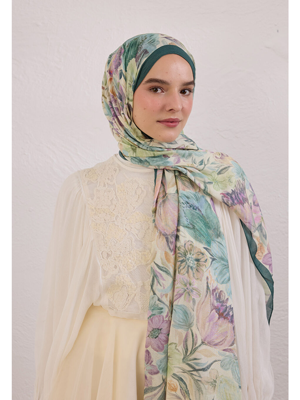 Vıntage Garden Desen Rami Şal Yeşil-2