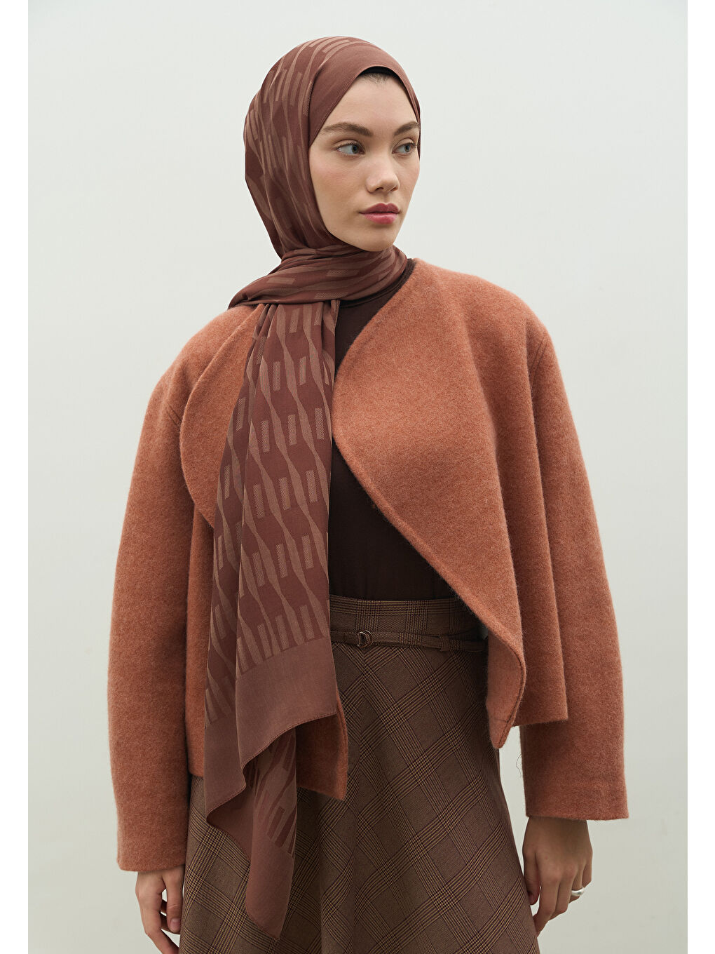 Kahverengi NARA PAMUK FLOŞ JAKARLI ŞAL KAKAO-3