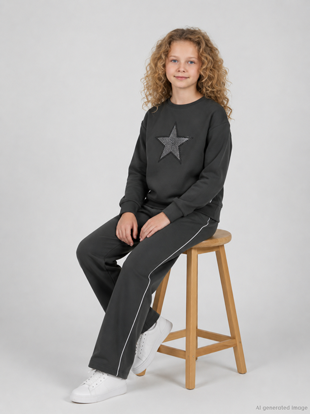 Gri Bisiklet Yaka Kız Çocuk Baskılı Sweatshirt Ve Eşofman Alt 2'li Takım-1