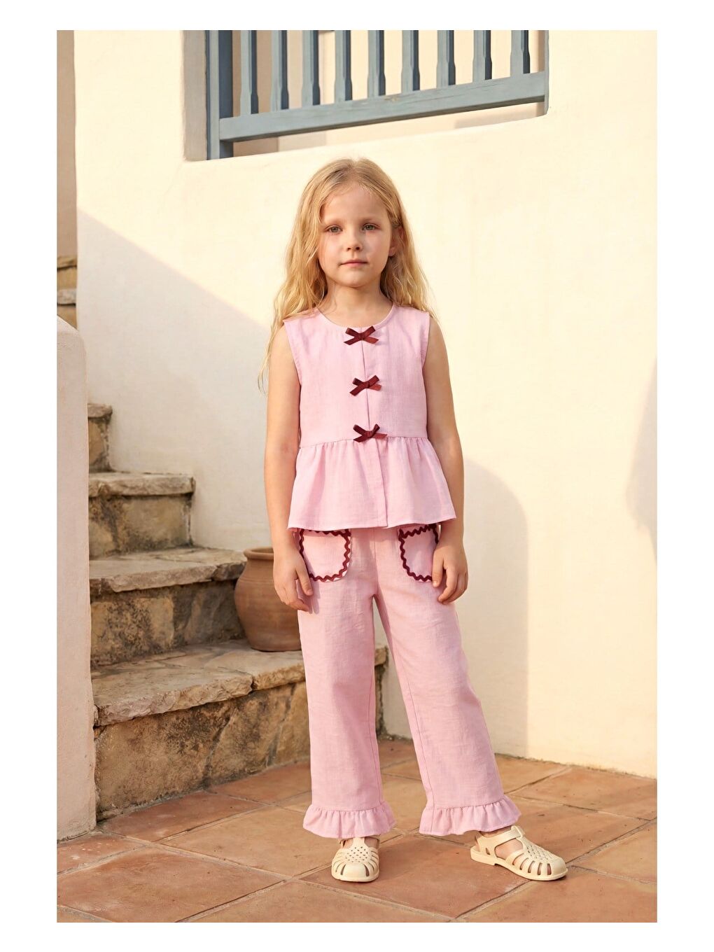 Pembe Kız Çocuk Pamuklu Pudra Fiyonk Detaylı Bluz Pantolon Takım-2